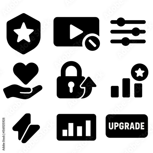 Subscription Plan Icons. Solid style icons of subscription plans: premium block badge, ad-free plan, advanced filters, donation