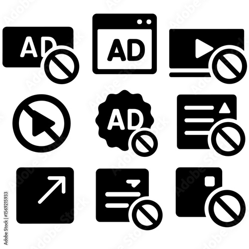 Ad Block Icons. Solid style icons of ad types blocked: banner ad icon, popup window, video ad icon, auto-play block, sponsored
