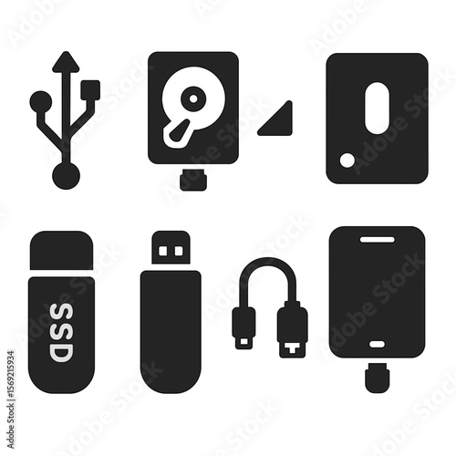 External Device Icons. Solid style icons of external device management: USB icon, mount drive, eject safely, external HDD,