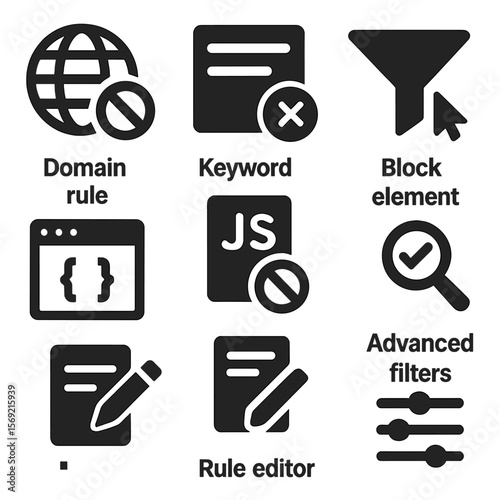 Custom Ad Filter Icons. Solid style icons of custom ad filters: domain rule icon, keyword block, block element tool, custom CSS