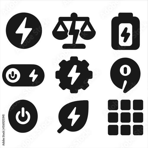Power Mode Icons. Solid style icons of power modes: performance mode, balanced mode, ultra saver mode, mode toggle, mode settings,