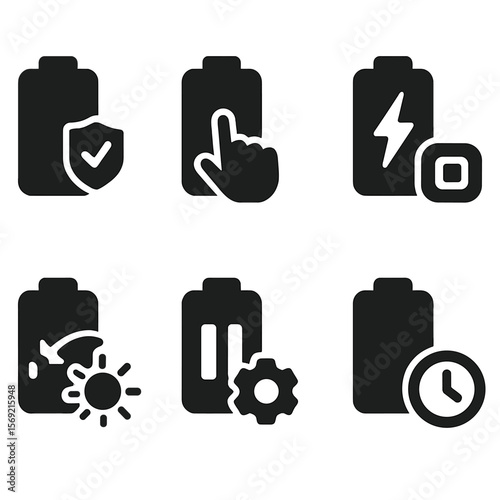 Battery Saver Icons. Solid style icons of battery saver tools: battery saver mode, one-tap save, low power icon, app restrict icon