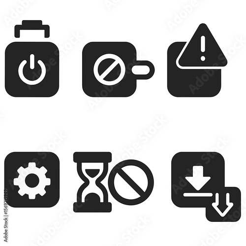 App Control Icons. Solid style icons of app power control: app battery limit, restrict in background, time limit toggle, high