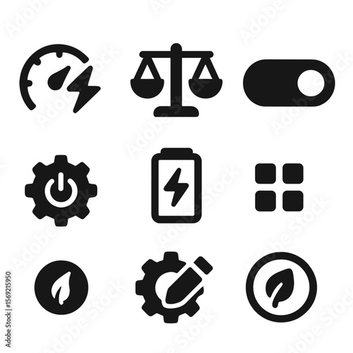 Power Mode Icons. Solid style icons of power modes: performance mode, balanced mode, ultra saver mode, mode toggle, mode settings,