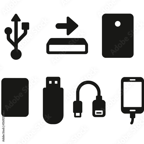 External Device Icons. Solid style icons of external device management: USB icon, mount drive, eject safely, external HDD,