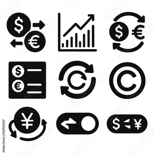 Currency Conversion Icons. Solid style icons of currency conversion: dollar to euro, exchange rate icon, convert currency,