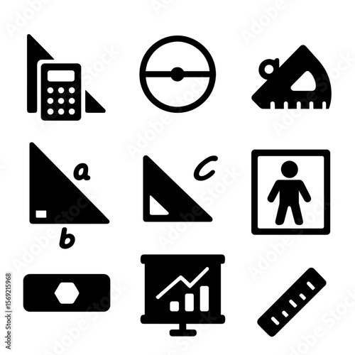 Geometry Tools Icons. Solid style icons of geometry tools: triangle calculator, circle area, perimeter icon, angle finder,