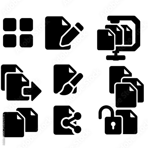 Batch Operations Icons. Solid style icons of batch operations: multi-select icon, batch rename, bulk delete, group compress, mass