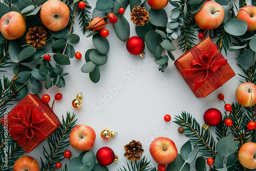 Festive flat lay with apples, gifts, and holiday decor