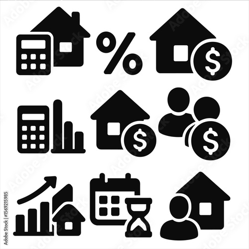 Mortgage Calculation Icons. Solid style icons of mortgage and rent calculators: home loan math, interest projection, down payment