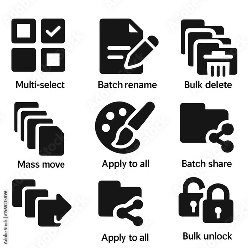Batch Operations Icons. Solid style icons of batch operations: multi-select icon, batch rename, bulk delete, group compress, mass