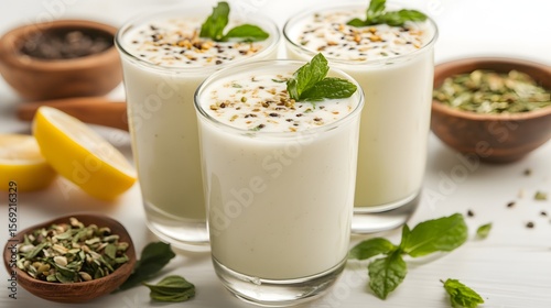 Photograph of three glasses filled with mint-flavored smoothies topped with chia seeds and fresh mint leaves on a...