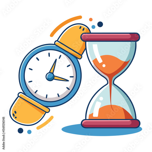 A cartoon clock and an hourglass are racing each other, symbolizing the fast passage of time and a busy day.