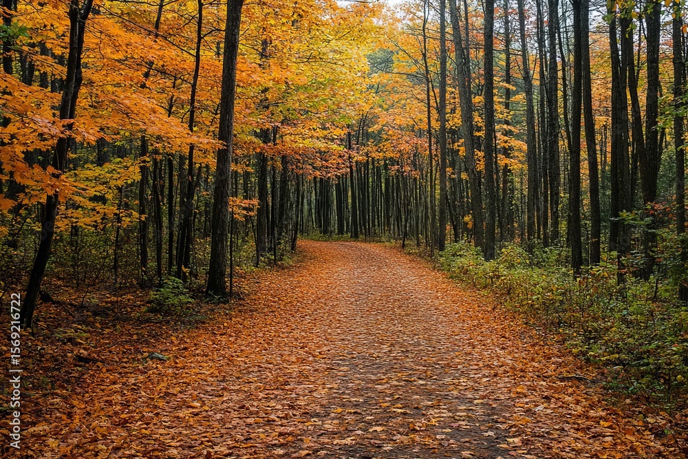 Obraz premium Autumn forest path covered with fallen orange leaves surrounded by tall trees with vibrant foliage, peaceful and serene seasonal nature scene