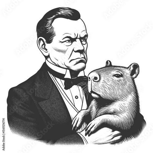 man in a tuxedo holding a calm capybara sketch engraving generative ai fictional character vector illustration. Scratch board imitation. Black and white image.
