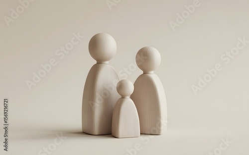 Minimalist wooden family figurines representing parenthood unity and love on a neutral background