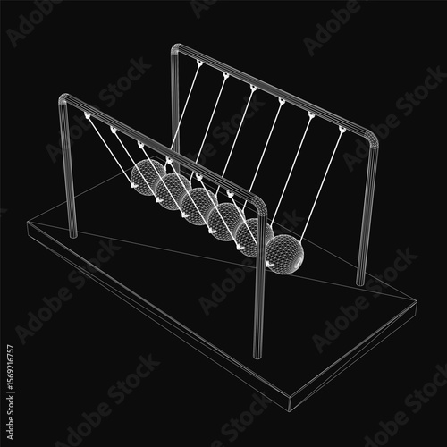 A 3D model of Newton's cradle features a metal frame suspending multiple kinetic balls in a pendulum motion. The sleek black background highlights the metallic sheen and dynamic movement.