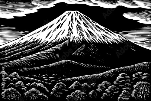 The towering Mount Meru, central to Hindu and Buddhist cosmology, surrounded by concentric rings and divine energy vector a black and white line art illustration