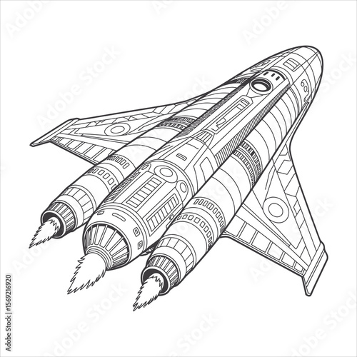 Stylized line art drawing of a futuristic spaceship with three engines firing