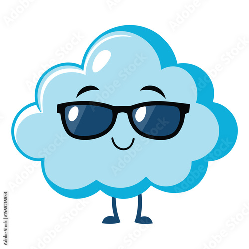 A cool cloud wearing sunglasses is blowing a gust of cool air, symbolizing a fresh breeze and a hot summer day.