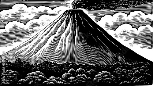 The towering Mount Meru, central to Hindu and Buddhist cosmology, surrounded by concentric rings and divine energy vector a black and white line art illustration