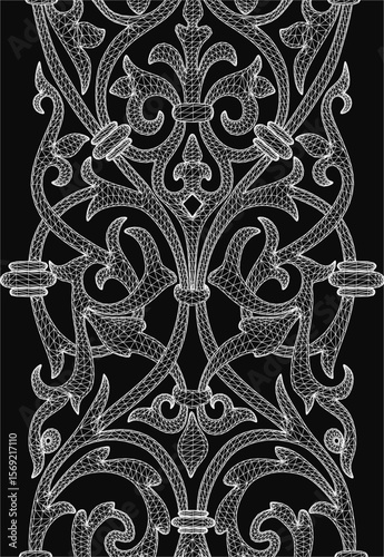 Ornate black and white lace pattern with intricate decorative details on a dark background. The free printable design features elaborate swirls, floral motifs, and delicate linework.