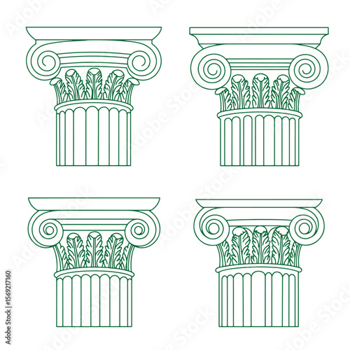 Vector illustration of four green outline ionic capital columns on white background