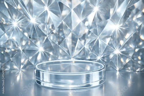 Crystal glass podium with diamond pattern background