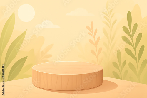 Wooden podium with yellow leaf pattern background