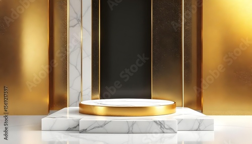 Gold podium with black and gold geometric wall