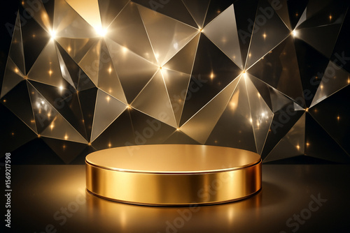 Gold podium with black geometric background	