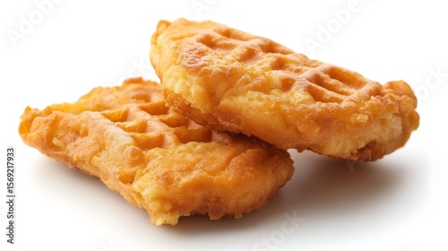 Photograph of two fried chicken pieces on a white surface, exhibiting a crispy texture and golden-brown color.