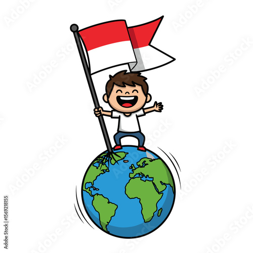 Child holds flag on globe illustration