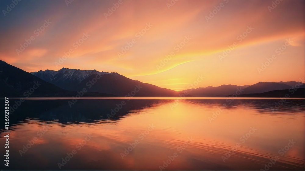 Fototapeta premium Vibrant Sunset Over Lake and Mountains