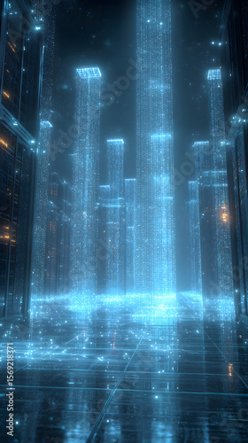 Exploring a futuristic digital cityscape aerial 3d visualization of a cyber environment