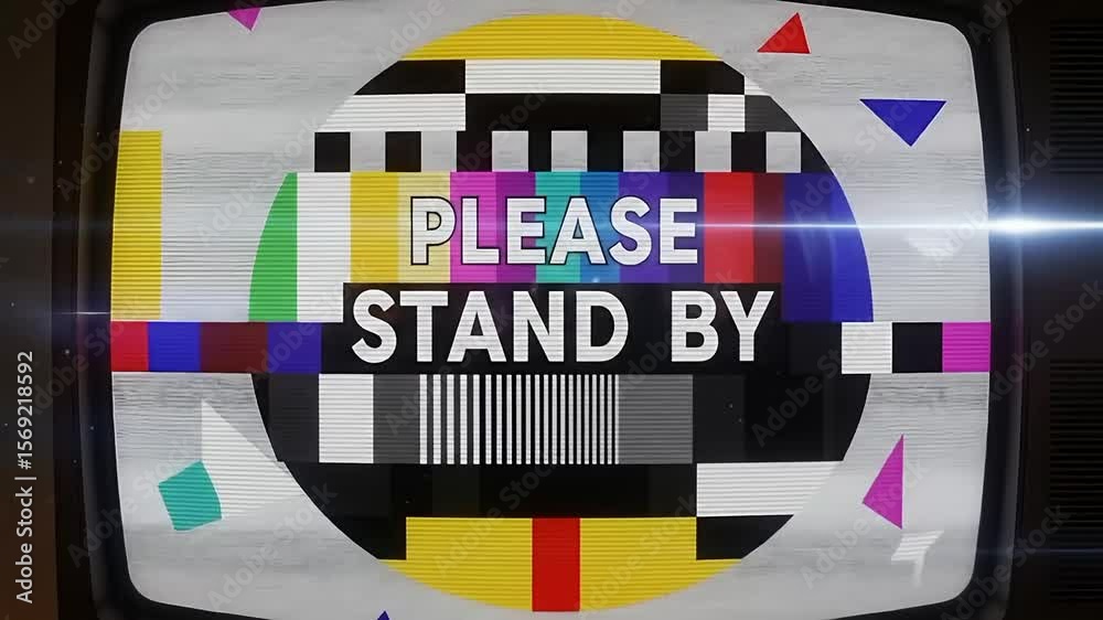A retro TV test card with a 'Please Stand By' message and glitchy static.