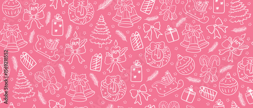 Hand drawn pink Christmas seamless pattern with holiday elements. Festive background for wrapping paper, textile, or seasonal design.