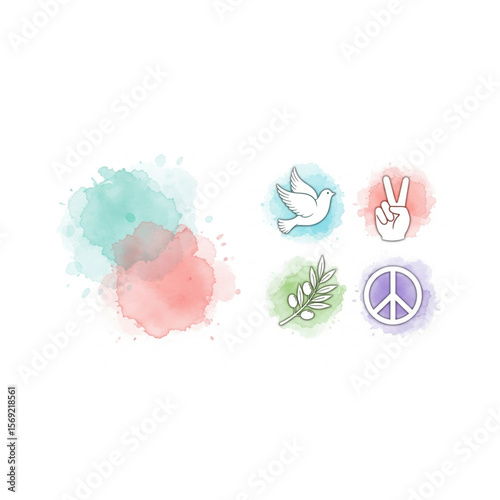 Colorful watercolor splashes and peace symbols depicting harmony, hope, and unity.