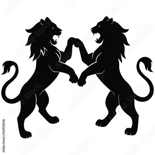 Two Fighting Lion Silhouettes with Raised Paws