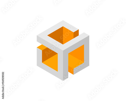 Abstract isometric cube design.  Modern, minimalist style with grey and orange color scheme.  Perfect for technology, architecture, or corporate branding.
