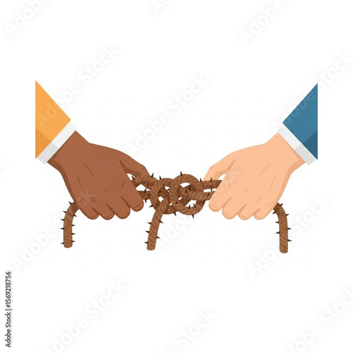 Two hands, different skin tones, untangling a thorny, knotted rope.