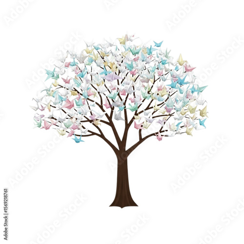 A tree adorned with numerous pastel-colored origami cranes, symbolizing hope and peace.