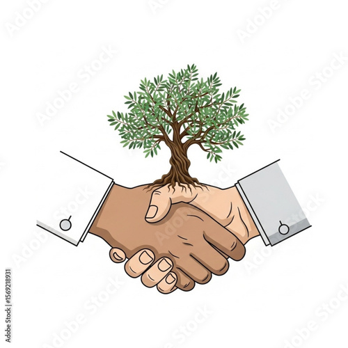 A handshake between two people with a tree growing from their joined hands, symbolizing growth.