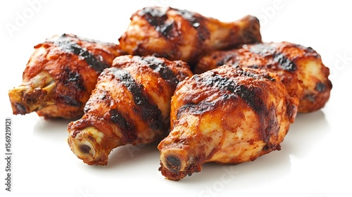 Photograph of five grilled chicken drumsticks arranged on a white surface, glistening with glaze.
