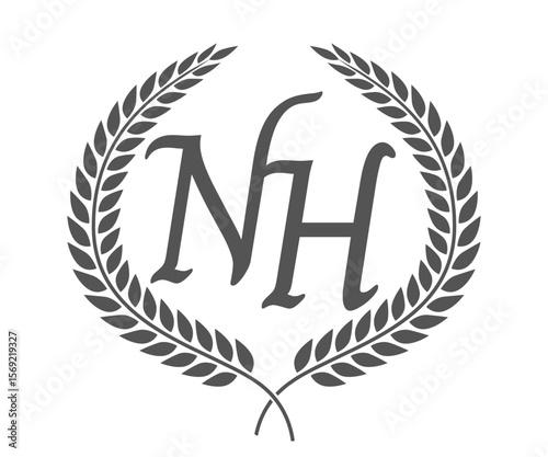 Initial letter N and H, NH monogram logo design with laurel wreath. Luxury calligraphy font.