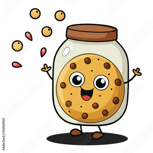 A mischievous cookie with a happy face giggles while sneaking out of a cookie jar, creating a playful and fun scene.