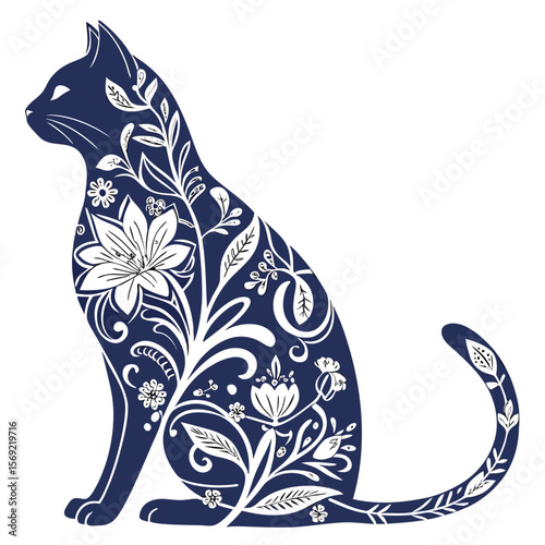 a blue cat with white flowers
