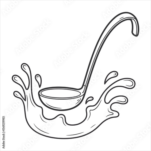 Black and white line drawing of a ladle scooping liquid with splashes