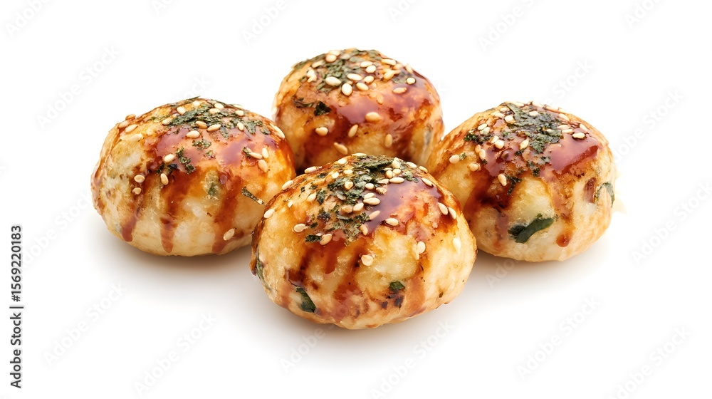 Photograph of takoyaki, spherical snacks glazed with sauce and topped with bonito flakes and green onion. Photograph of takoyaki, spherical snacks glazed with sauce and topped with bonito flakes and green onion.