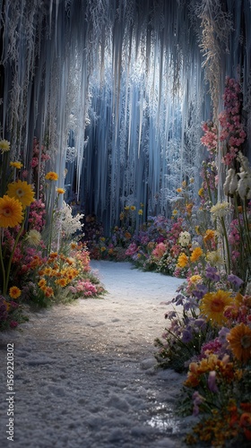 Enchanted Frozen Pathway with Colorful Flowers and Ice